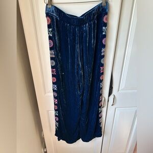 Johnny Was Navy Velvet Wide Leg Pants with Floral Embroidery